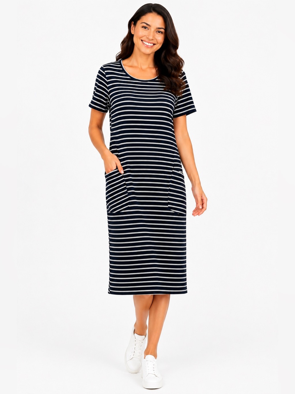 Ella Mara Striped Pocket T-Shirt Midi Dress Women’s Medium Navy Gray Casual